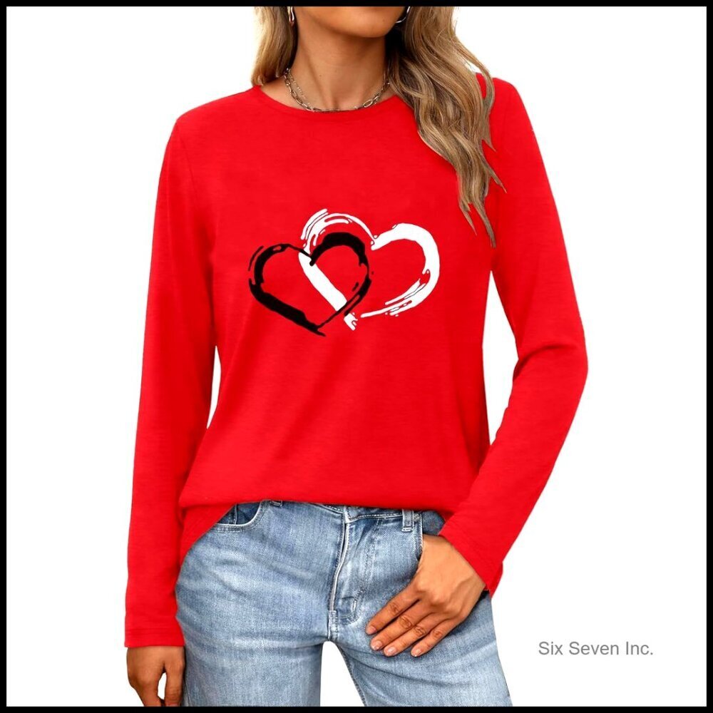 Long Sleeve Heart Tee Slim Fit Plus Size Valentine's Day Top Women's Holiday